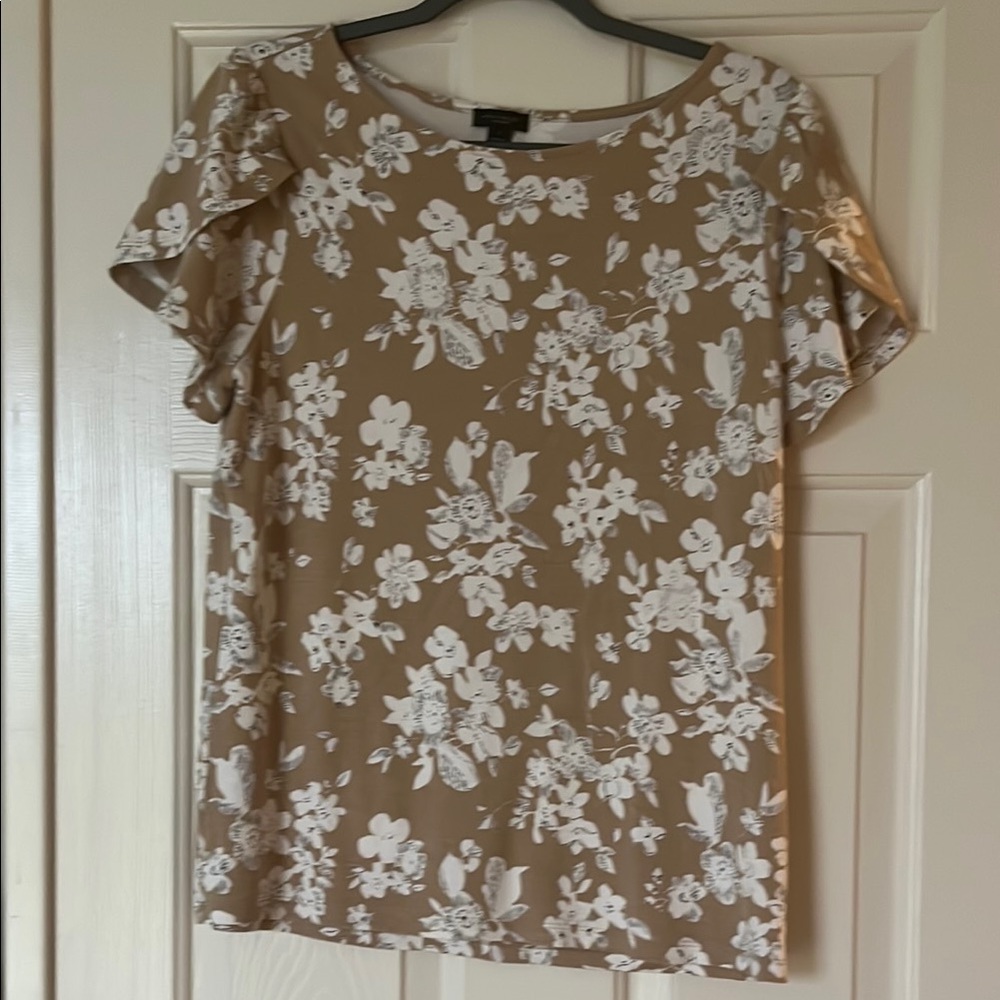 Ann Taylor Factory Tan Cotton Blouse with cap Sleeves